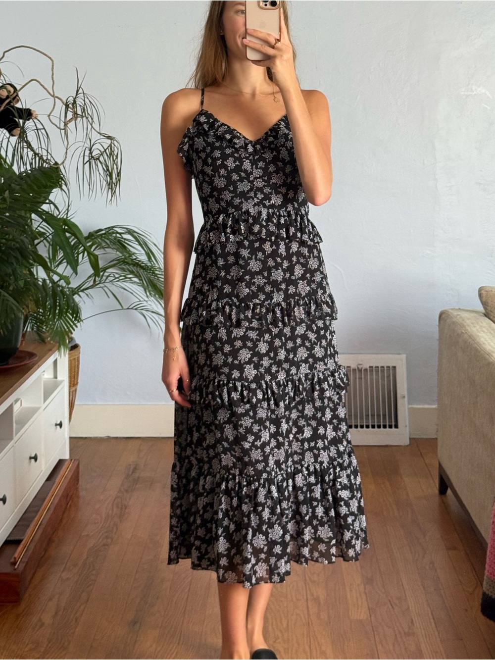 Michael Kors Black Floral Ruffle-Trim Midi Dress
